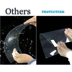 Side-by-side comparison: a competitor film shattered into fragments, next to a Protecterr protector flexing intact