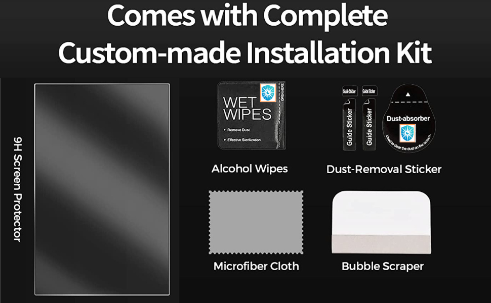 Flat-lay of the installation kit: screen protector, alcohol wipes, dust-removal stickers, microfibre cloth and bubble scraper