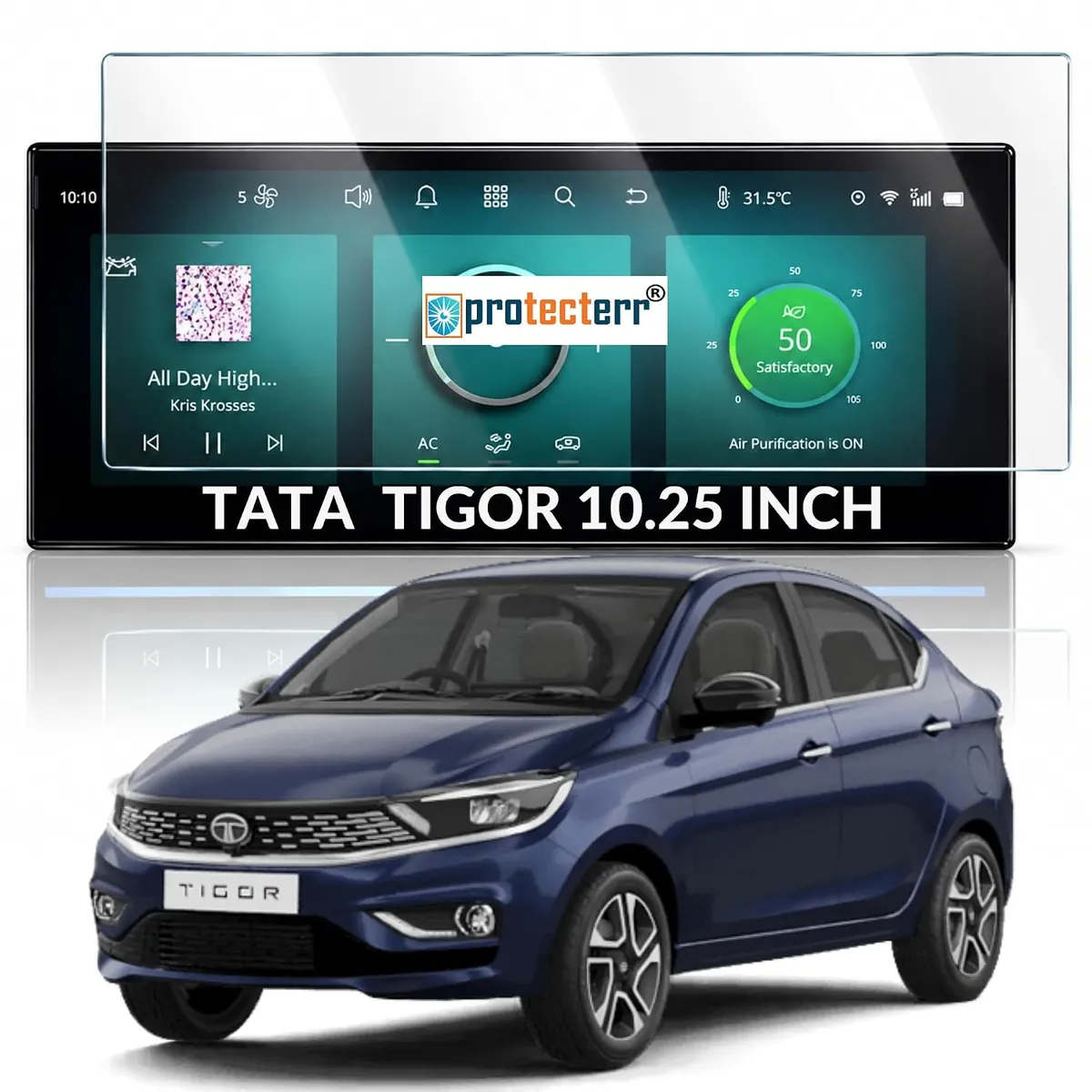 Tata Tigor 10.25 inch Screen Protector — shown on the car’s own display, for the Tata Tigor 10.25" infotainment display