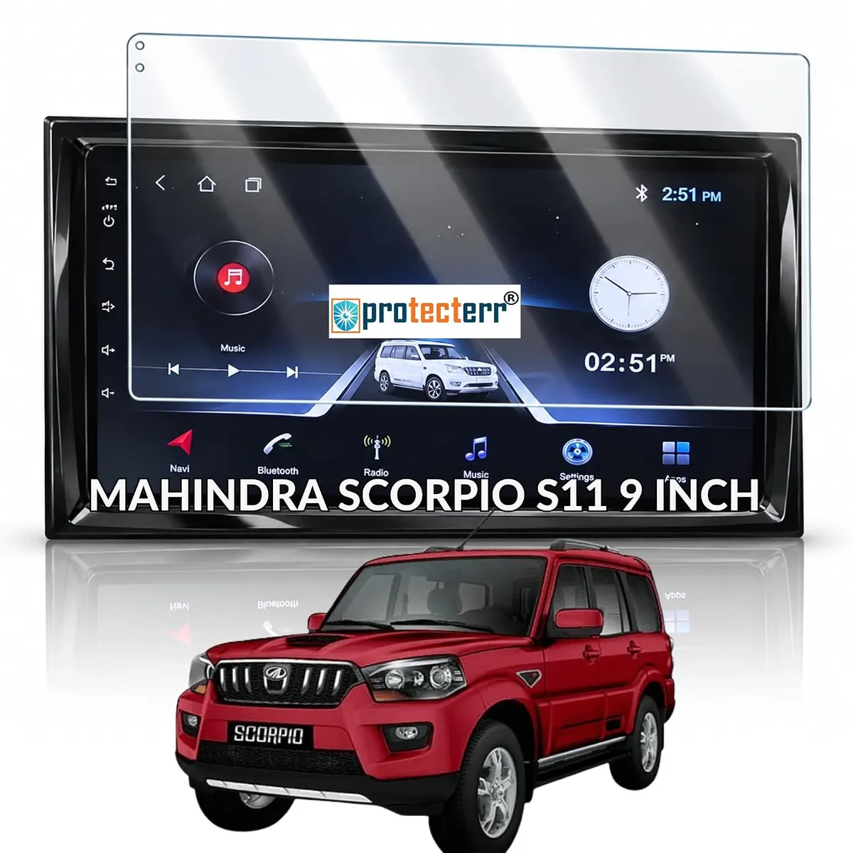 Mahindra Scorpio Classic S11 9 inch Screen Protector — shown on the car’s own display, for the Mahindra Scorpio Classic S11 9" infotainment display