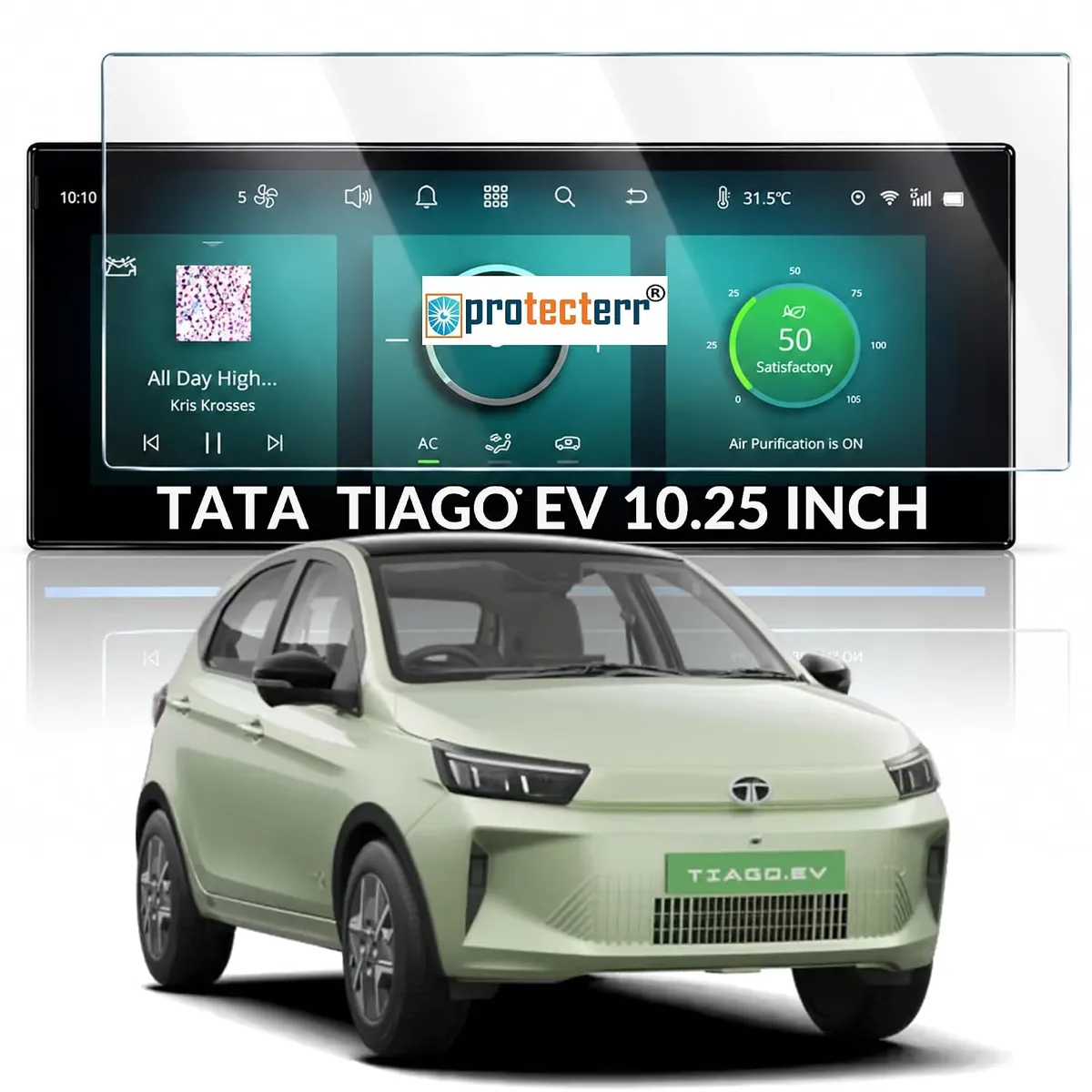 Tata Tiago EV 10.25 inch Screen Protector — shown on the car’s own display, for the Tata Tiago EV 10.25" infotainment display