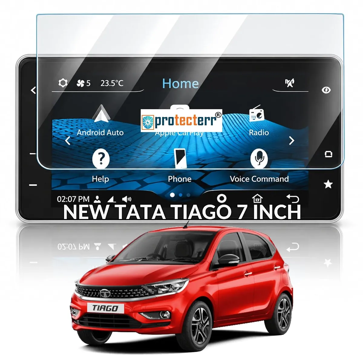 Tata Tiago (2025-2026) 7 inch Screen Protector — shown on the car’s own display, for the Tata Tiago 7" infotainment display
