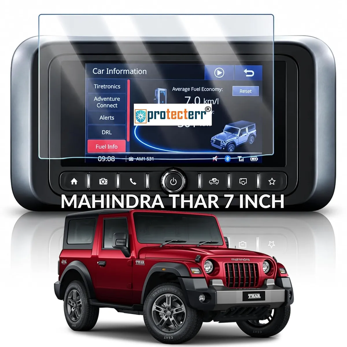 Mahindra Thar 7 inch Screen Protector — shown on the car’s own display, for the Mahindra Thar 7" infotainment display