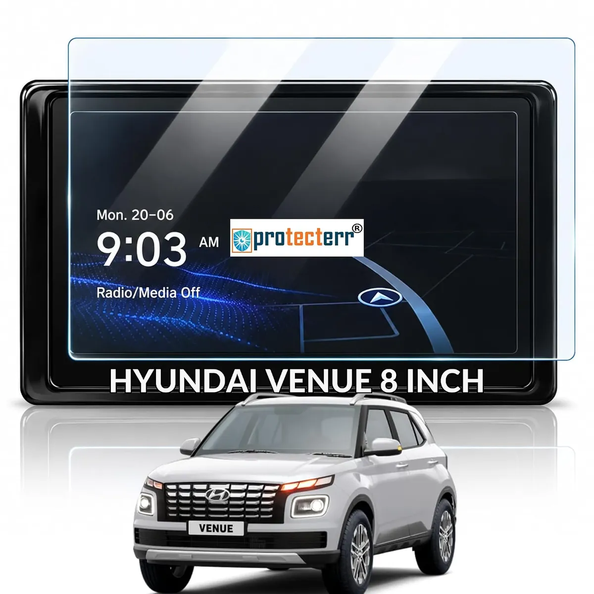Hyundai Venue 8 inch Screen Protector — shown on the car’s own display, for the Hyundai Venue 8" infotainment display