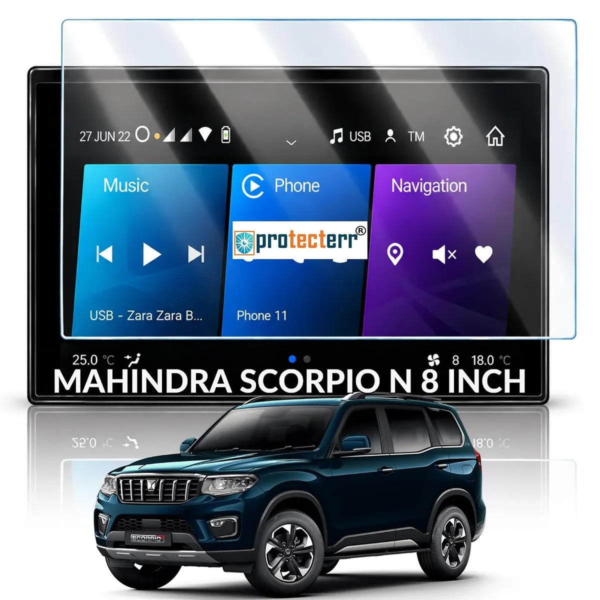 Mahindra Scorpio N 8 inch Screen Protector — shown on the car’s own display, for the Mahindra Scorpio N 8" infotainment display