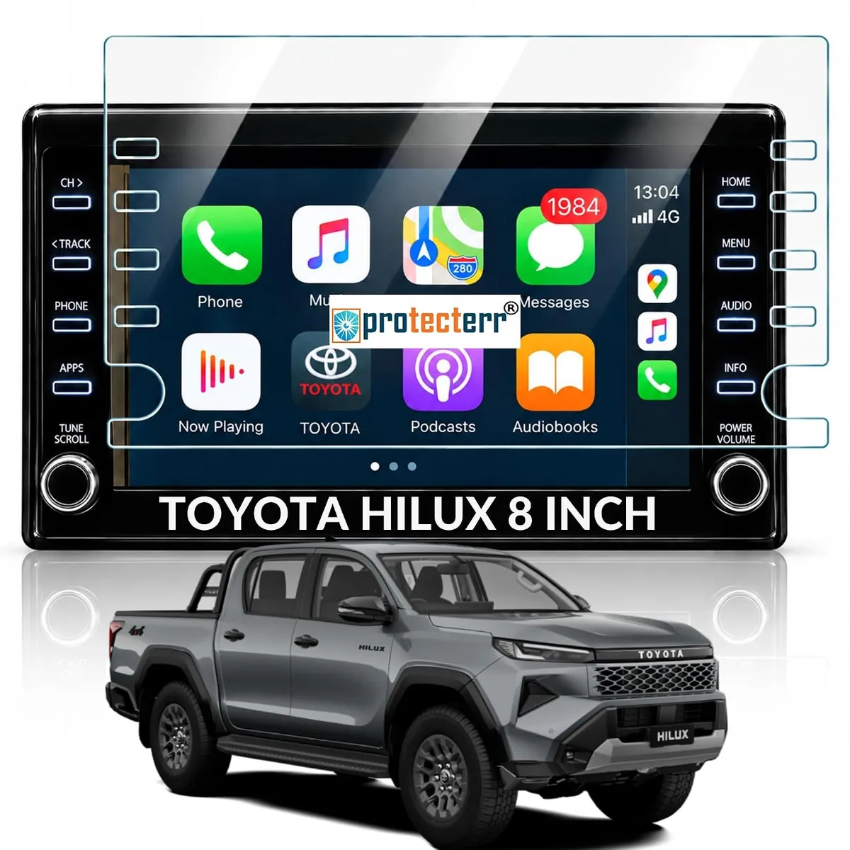 Toyota Hilux 8 inch Screen Protector — shown on the car’s own display, for the Toyota Hilux 8" infotainment display