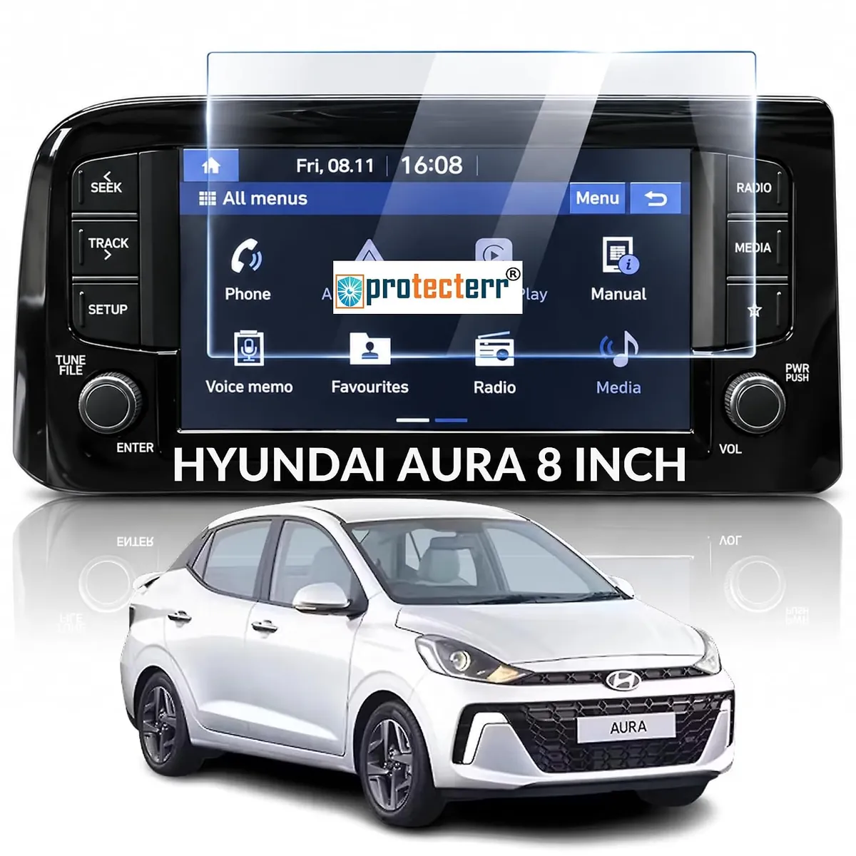 Hyundai Aura 8 inch Screen Protector — shown on the car’s own display, for the Hyundai Aura 8" infotainment display