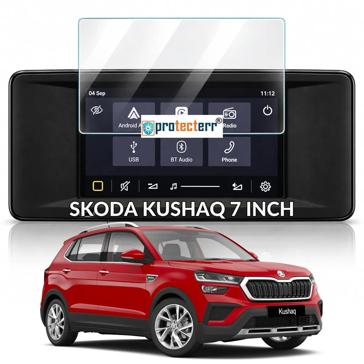 Skoda Kushaq 7 inch Screen Protector — shown on the car’s own display, for the Skoda Kushaq 7" infotainment display