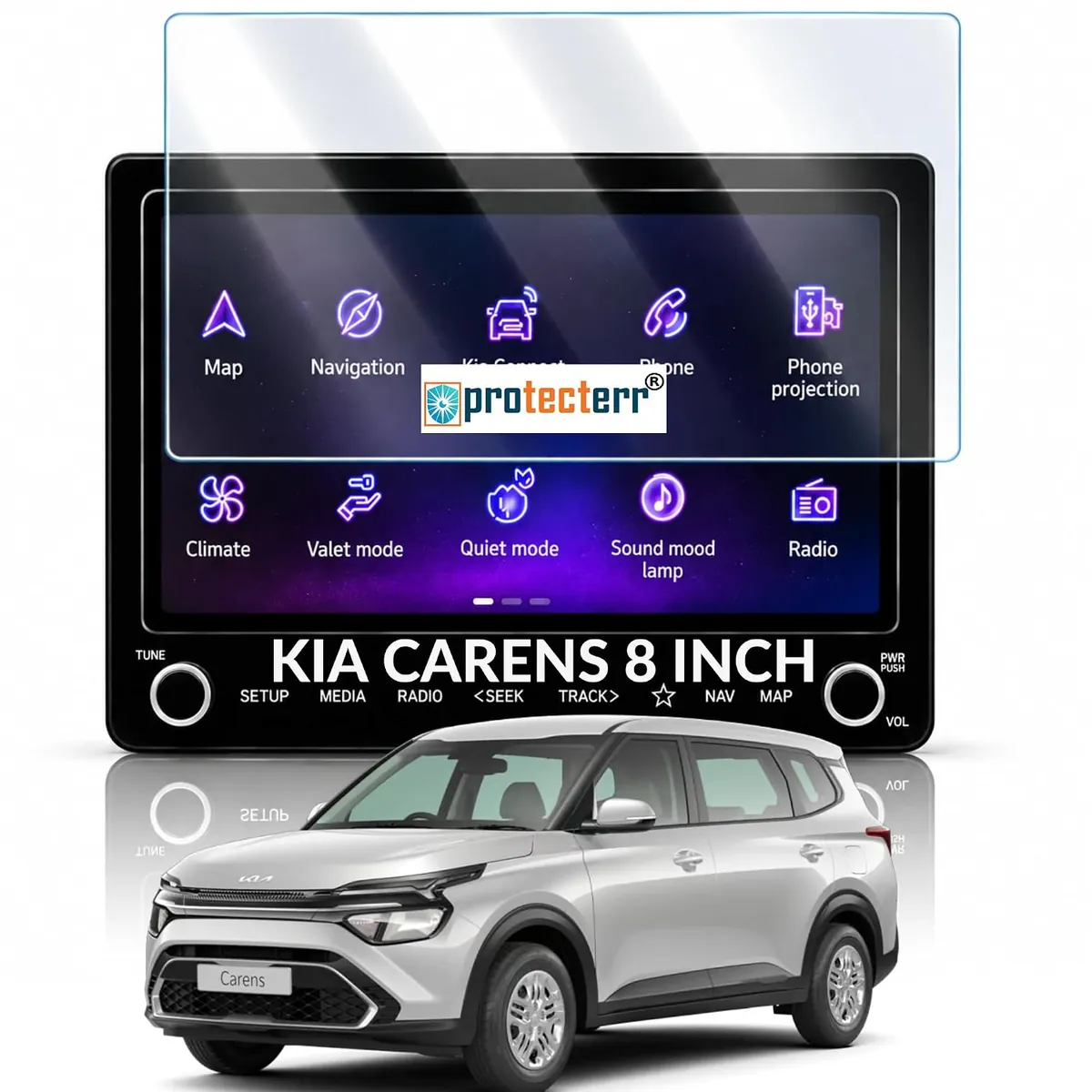 Kia Carens 8 inch Screen Protector — shown on the car’s own display, for the Kia Carens 8" infotainment display