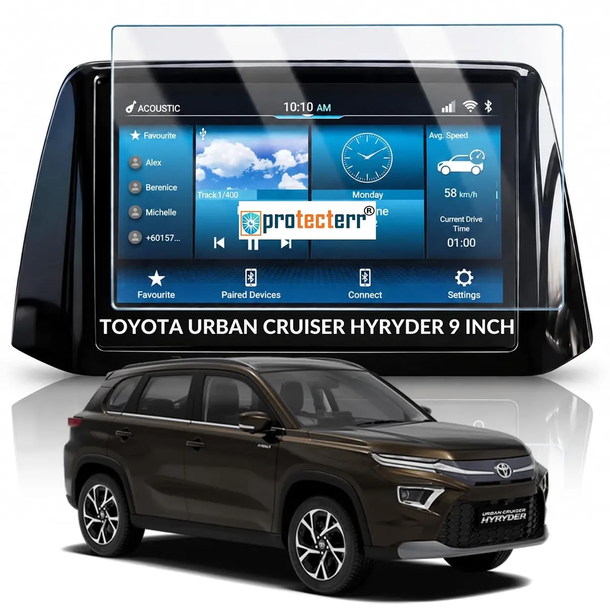 Toyota Urban Cruiser Hyryder 9 inch Screen Protector — shown on the car’s own display, for the Toyota Urban Cruiser Hyryder 9" infotainment display