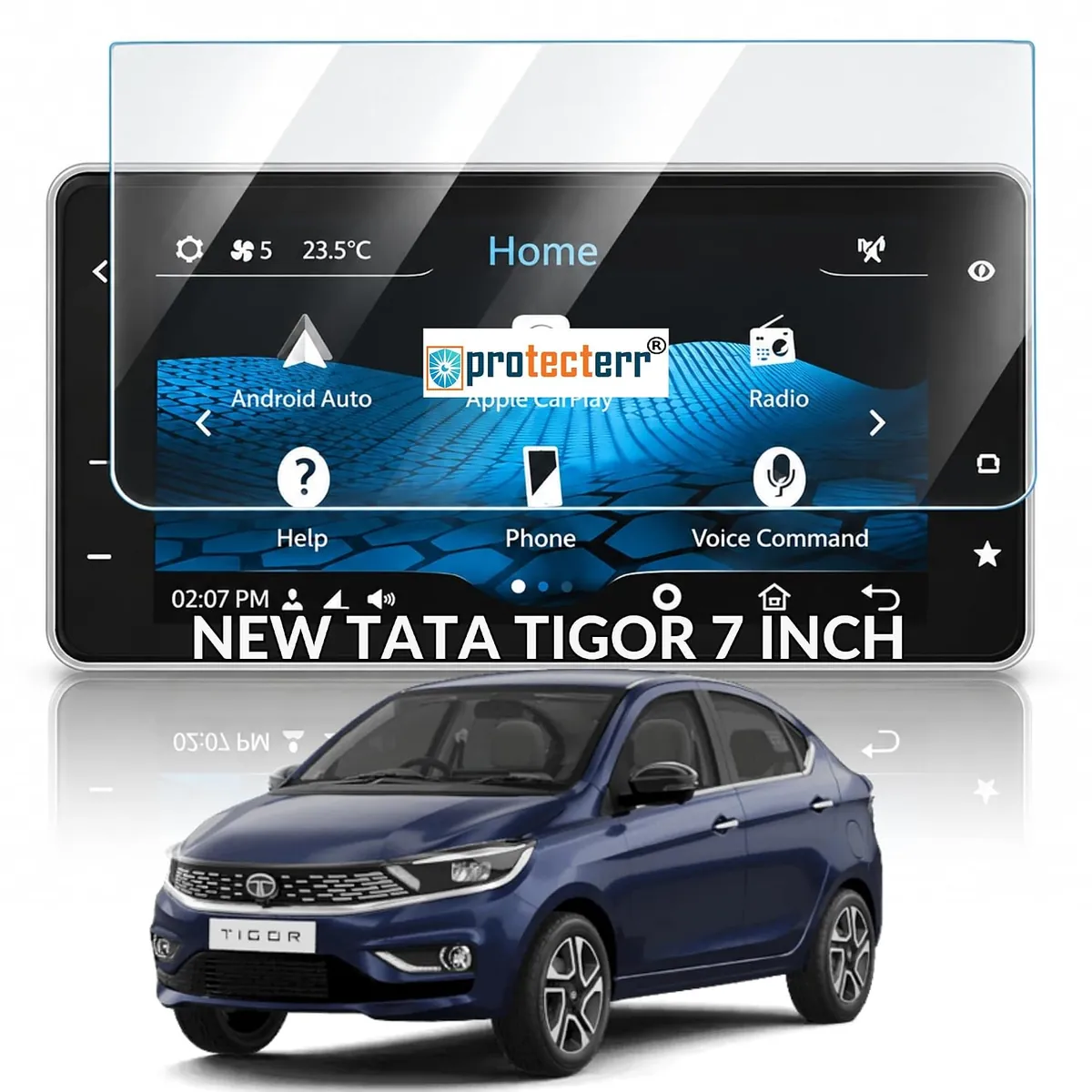 Tata Tigor (2025-2026) 7 inch Screen Protector — shown on the car’s own display, for the Tata Tigor 7" infotainment display