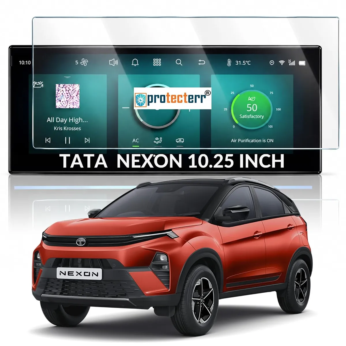 Tata Nexon (Thin Corners) 10.25 inch Screen Protector — shown on the car’s own display, for the Tata Nexon 10.25" infotainment display