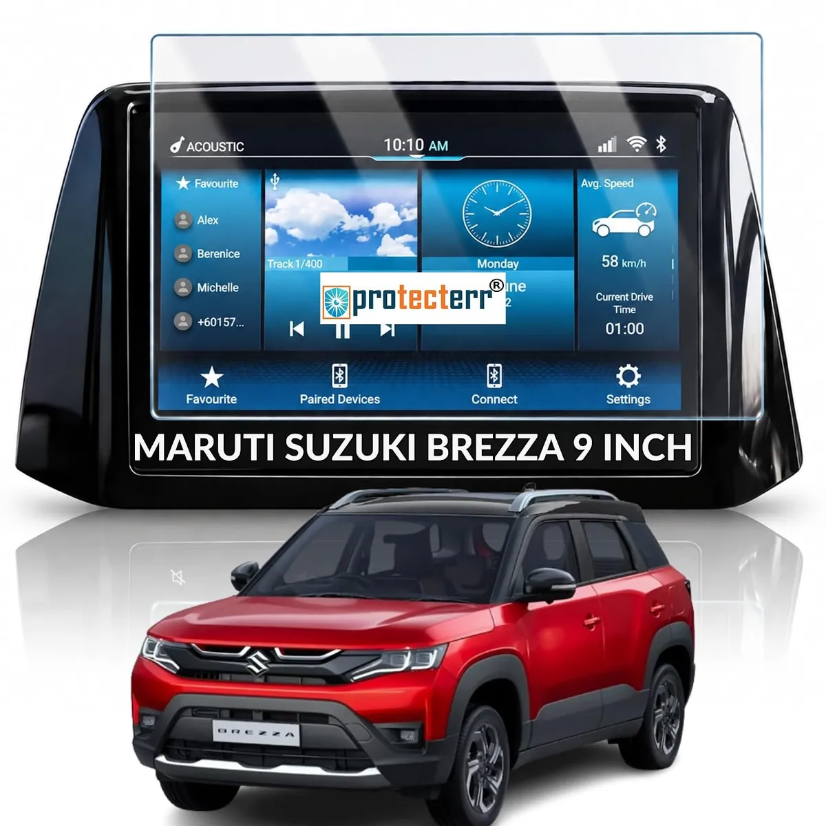 Maruti Suzuki Brezza 9 inch Screen Protector — shown on the car’s own display, for the Maruti Suzuki Brezza 9" infotainment display