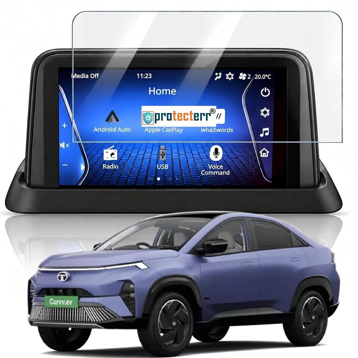 Tata Curvv EV 7 inch Screen Protector — shown on the car’s own display, for the Tata Curvv EV 7" infotainment display