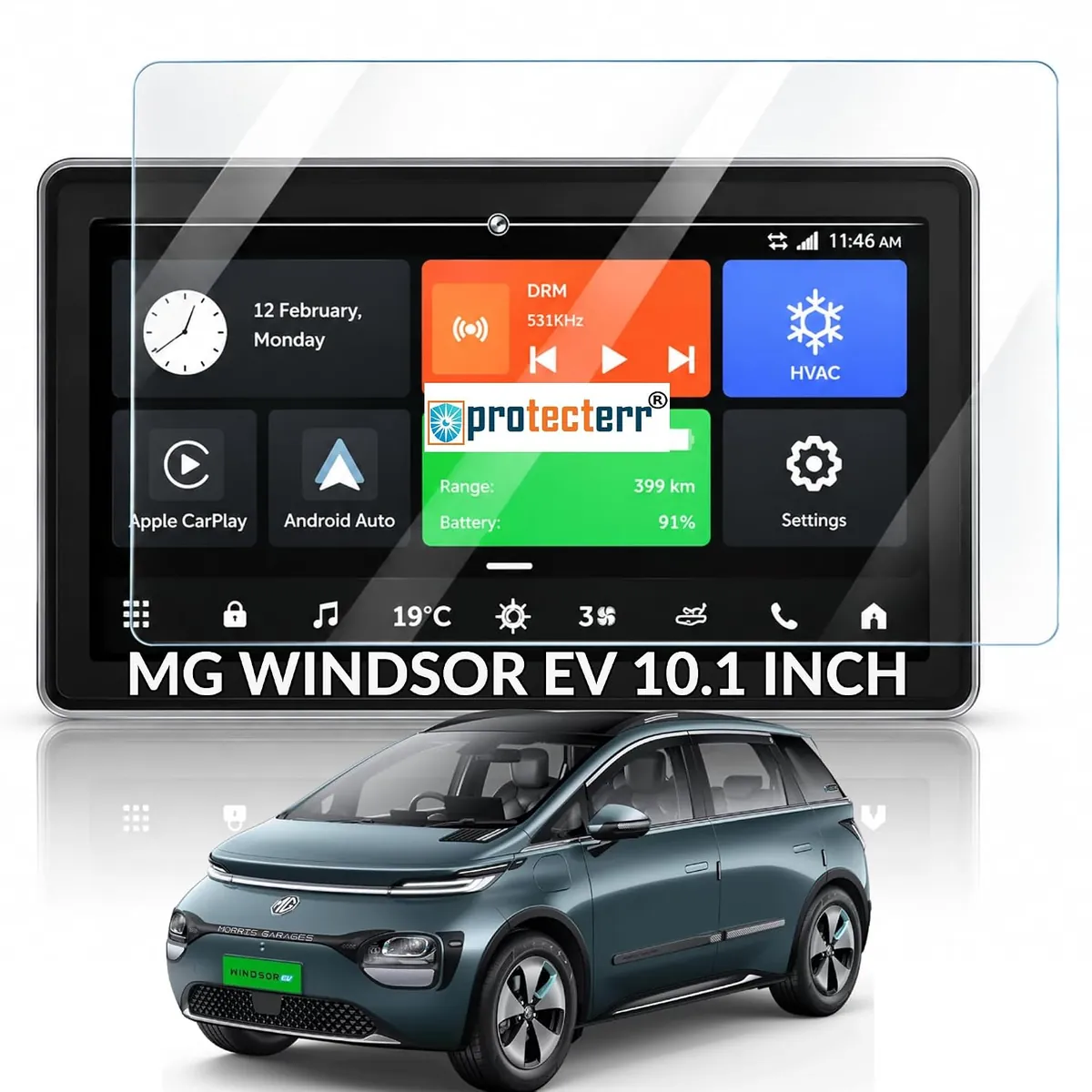 MG Windsor EV 10.1 inch Screen Protector — shown on the car’s own display, for the MG Windsor EV 10.1" infotainment display
