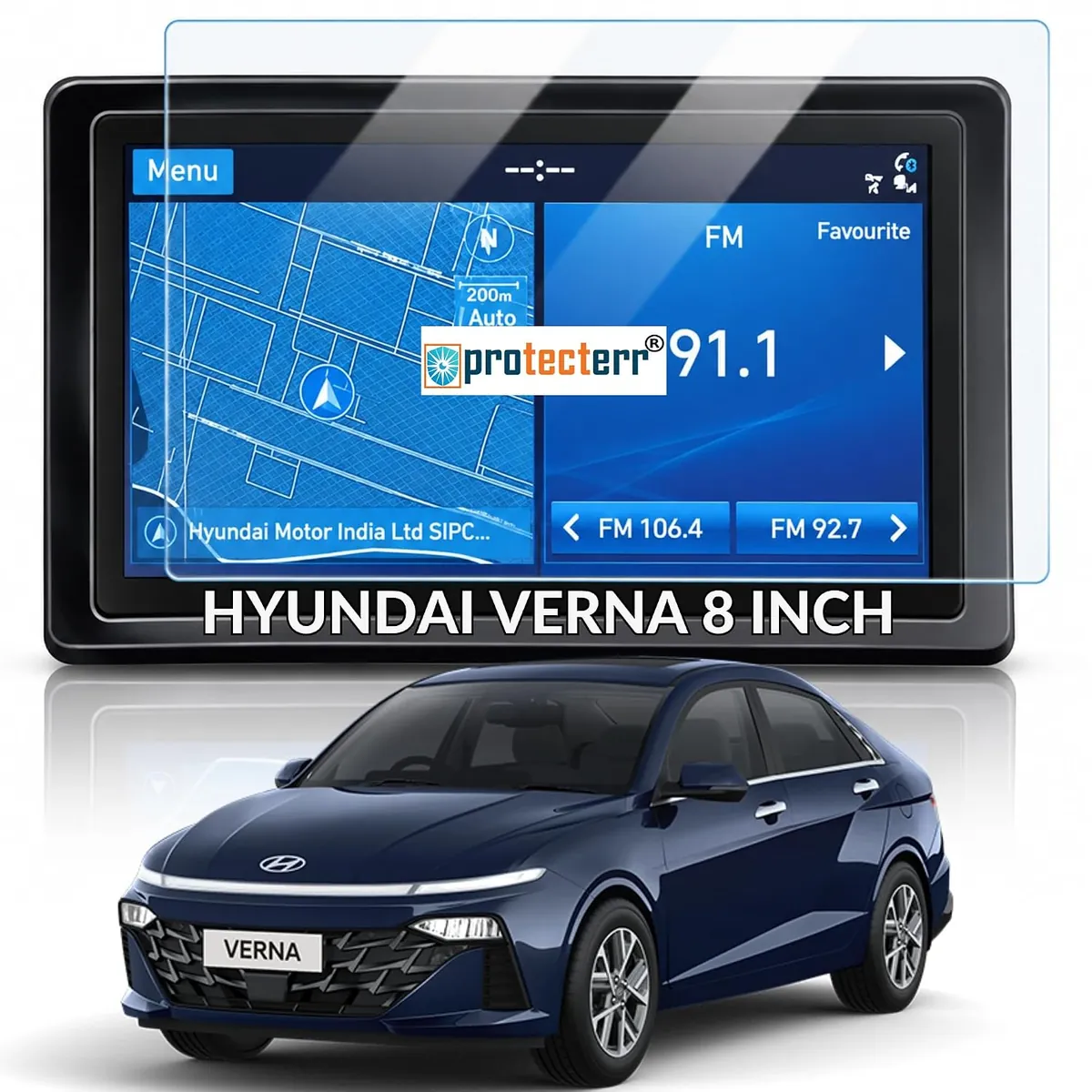 Hyundai Verna 8 inch Screen Protector — shown on the car’s own display, for the Hyundai Verna 8" infotainment display