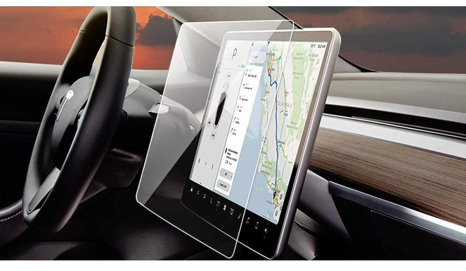 A Protecterr screen protector lifting away from a car's infotainment display, showing the precision-cut edge